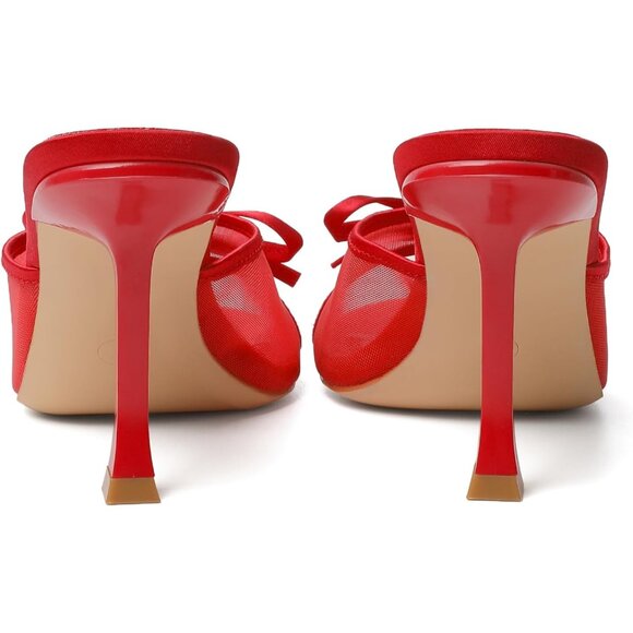 Women's Red Mesh Round Toe Heels With Bow Vintage Mules Sexy Slip on Stiletto - Picture 5 of 9